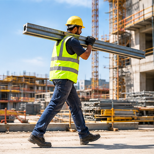 A construction worker carrying steel beams across a site