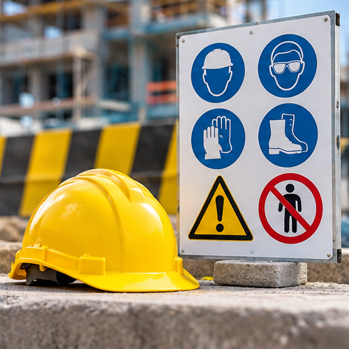 A hard hat beside a construction site safety signage board