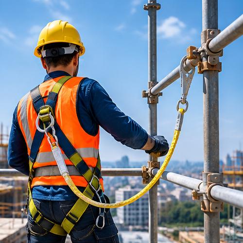 A construction worker wearing a safety harness on scaffolding at height