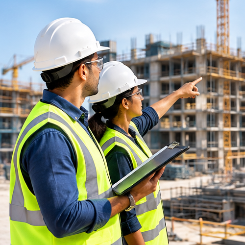 Two construction workers in hard hats and hi-vis reviewing a site with a clipboard