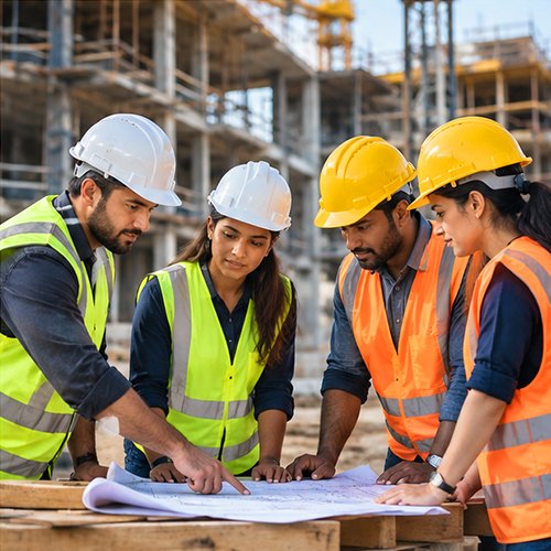Construction team reviewing site plans together in front of a building under construction