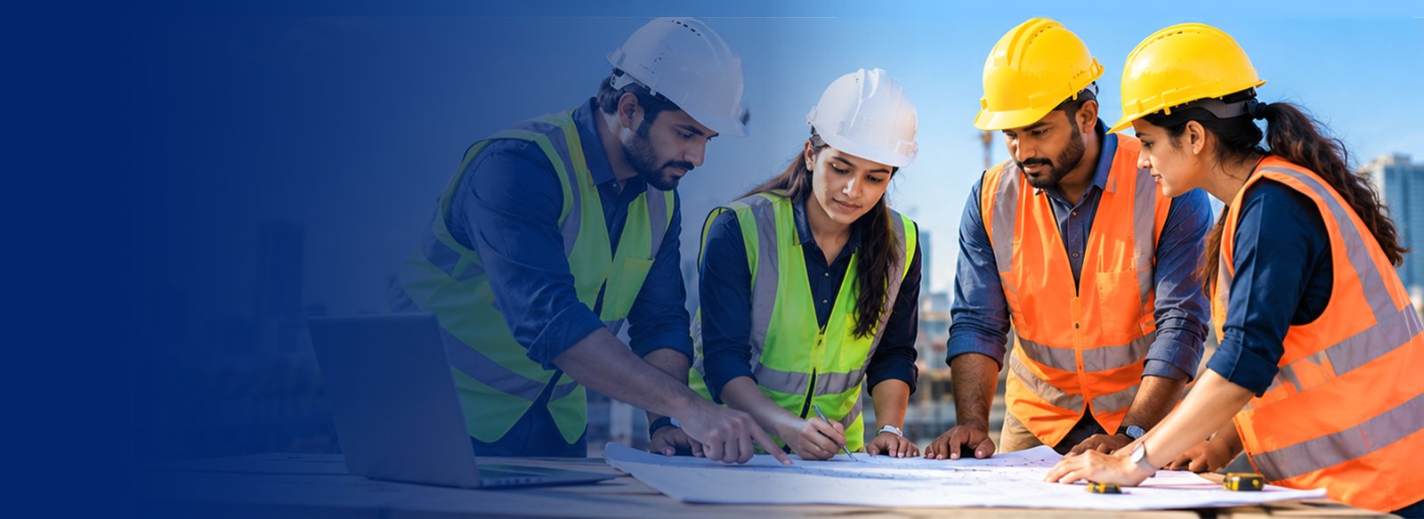 Team of construction workers in hi-vis vests and hard hats reviewing blueprints together on site