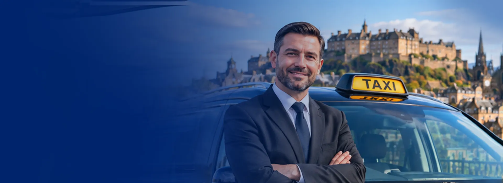 Confident professional taxi driver standing beside a licensed taxi with Edinburgh Castle behind